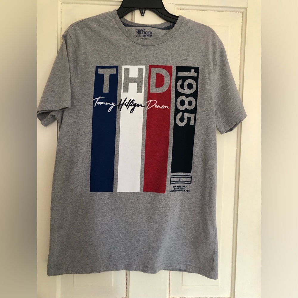 Tommy Hilfiger Gray Tee with Blue, White & Red Stripes